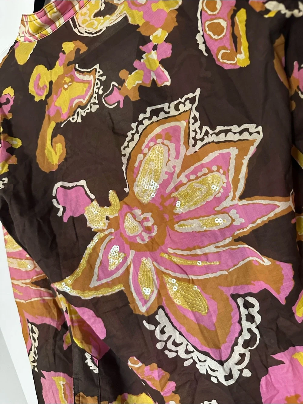 Tory Burch Brown Floral Cotton Tunic with Pink Yellow Flowers and Clear Sequins